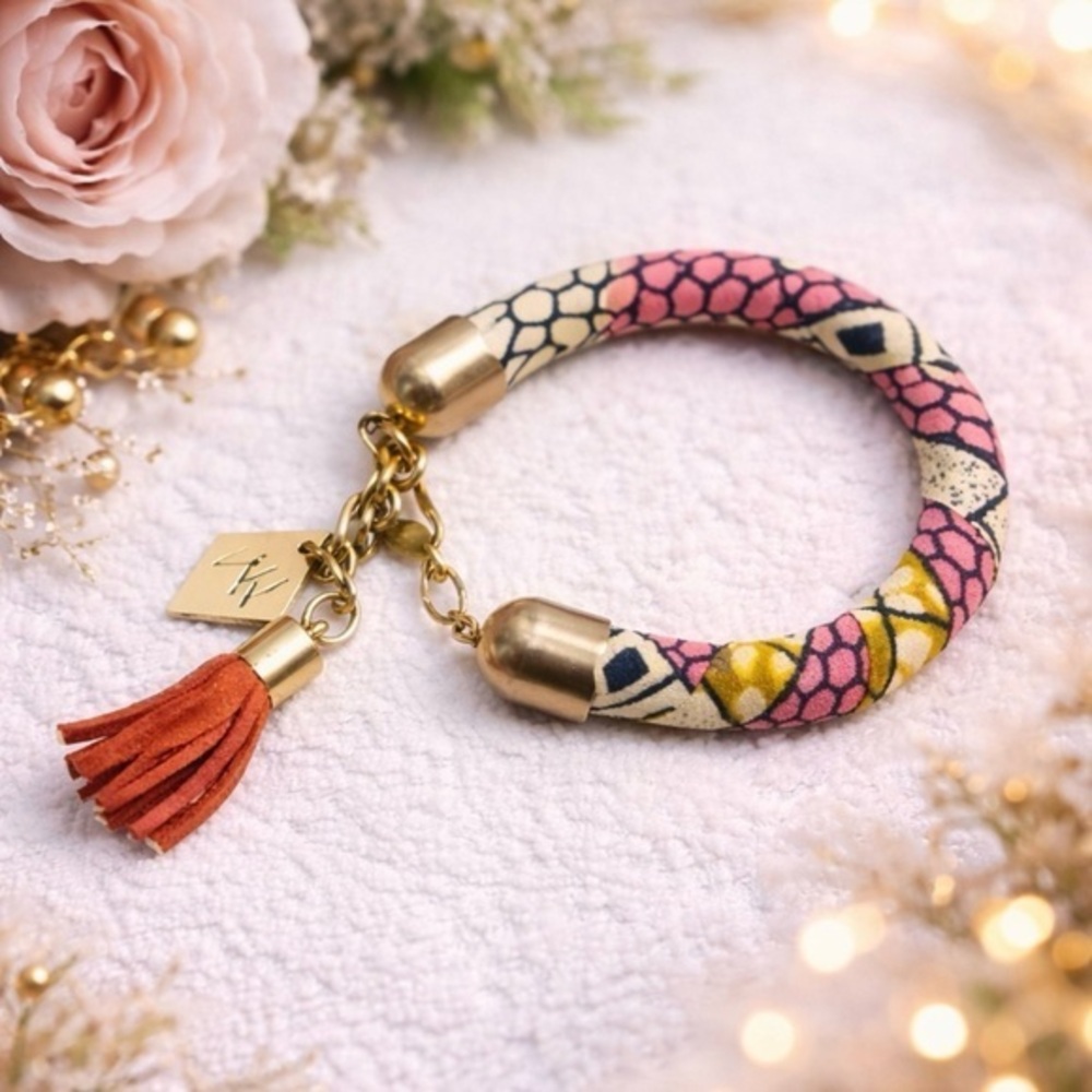 Pink and Gold Bracelet with Tassel Charm - Picture 1 of 2